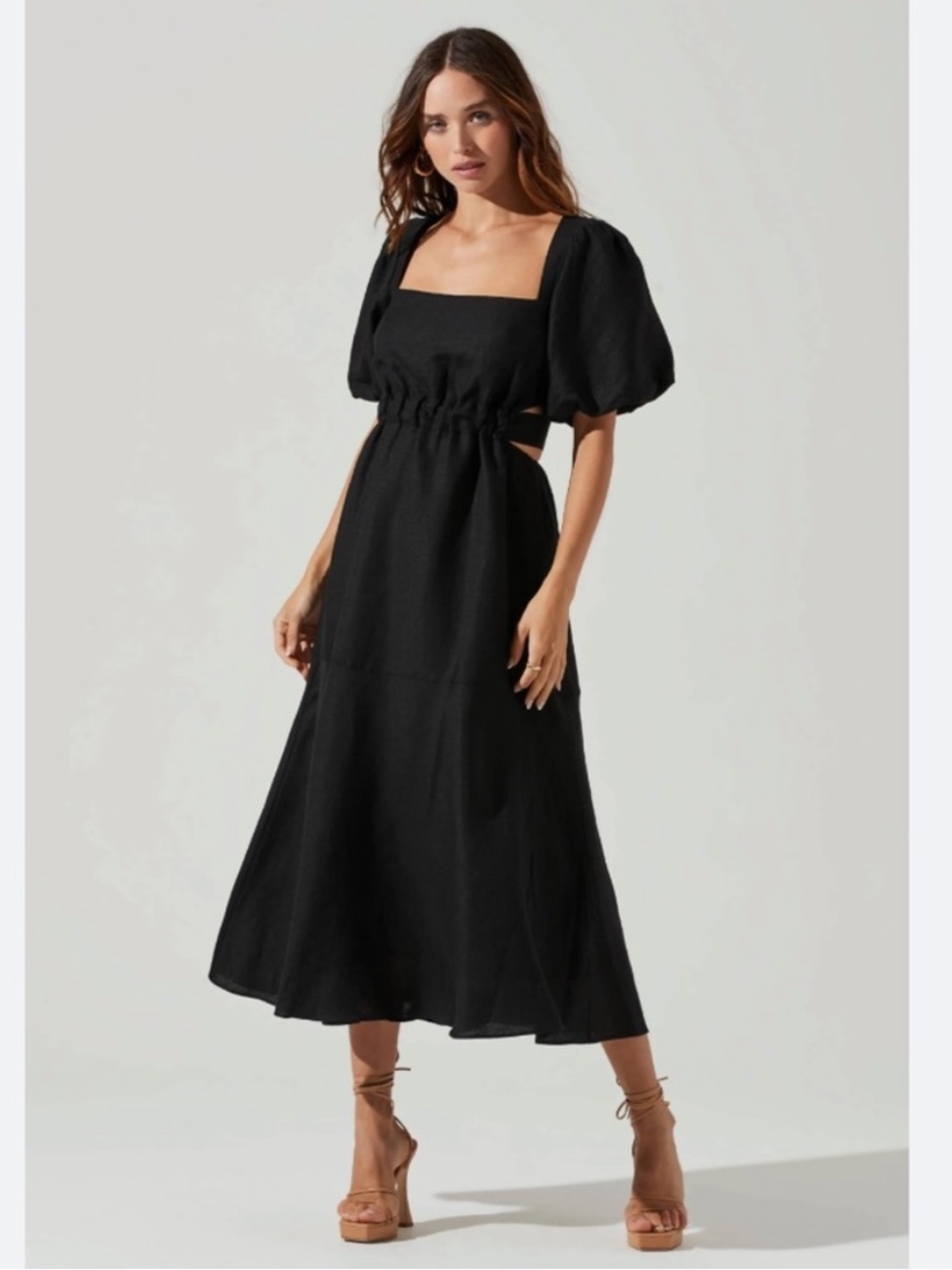 Astr Black Square-Neck Midi Dress with Puff Sleeves